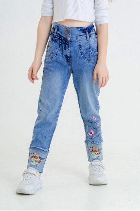 Açık Mavi Paçası Baskılı Kız Kot Pantolon 2147